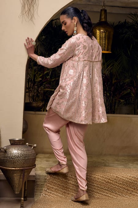 Shop_Mustard Moon By Neyha And Vrinda_Peach Georgette, Modal, Satin Sequins, Floral Work Kurta And Tulip Pant Set _at_Aza_Fashions