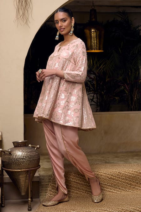 Mustard Moon By Neyha And Vrinda_Peach Georgette, Modal, Satin Sequins, Floral Work Kurta And Tulip Pant Set _Online_at_Aza_Fashions