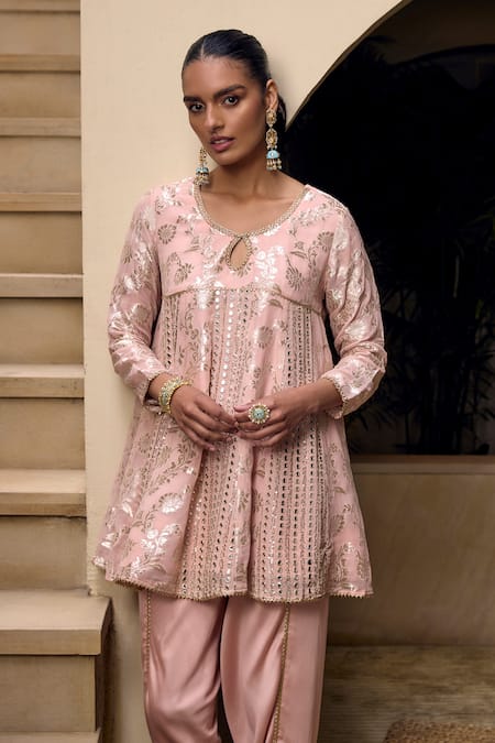 Buy_Mustard Moon By Neyha And Vrinda_Peach Georgette, Modal, Satin Sequins, Floral Work Kurta And Tulip Pant Set _Online_at_Aza_Fashions