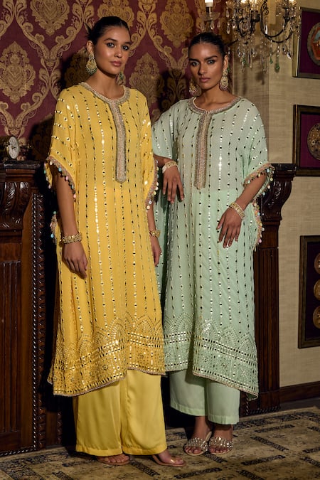 Mustard Moon By Neyha And Vrinda_Green Georgette, Modal Mirrors Round Neck Embroidered Kaftan And Pant Set _Online_at_Aza_Fashions