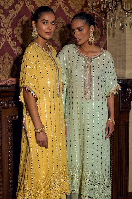 Buy_Mustard Moon By Neyha And Vrinda_Green Georgette, Modal Mirrors Round Neck Embroidered Kaftan And Pant Set _Online_at_Aza_Fashions