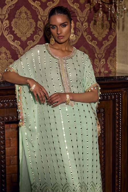 Shop_Mustard Moon By Neyha And Vrinda_Green Georgette, Modal Mirrors Round Neck Embroidered Kaftan And Pant Set _Online_at_Aza_Fashions