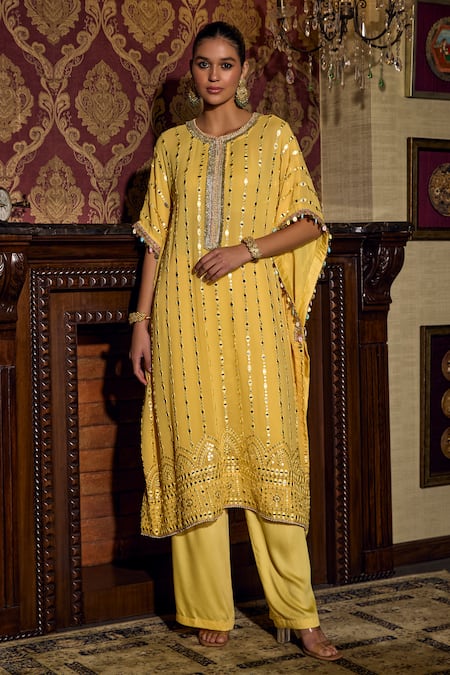 Mustard Moon by Neyha and Vrinda Yellow Kaftan Georgette Embroidered Mirror Round Work And Pant Set 