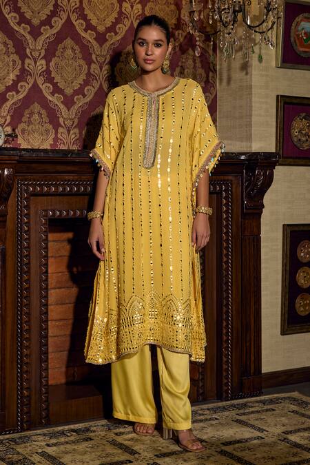 Buy_Mustard Moon By Neyha And Vrinda_Yellow Georgette, Modal, Satin Mirrors Round Neck Work Kaftan And Pant Set _Online_at_Aza_Fashions
