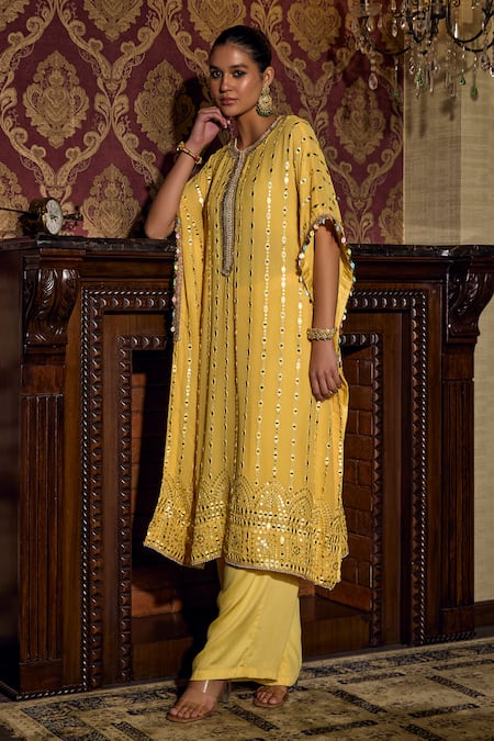 Shop_Mustard Moon By Neyha And Vrinda_Yellow Georgette, Modal, Satin Mirrors Round Neck Work Kaftan And Pant Set _Online_at_Aza_Fashions