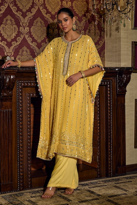 Mustard Moon By Neyha And Vrinda_Yellow Georgette, Modal, Satin Mirrors Round Neck Work Kaftan And Pant Set _at_Aza_Fashions