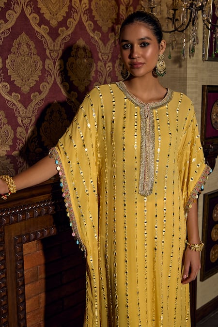 Buy_Mustard Moon By Neyha And Vrinda_Yellow Georgette, Modal, Satin Mirrors Round Neck Work Kaftan And Pant Set 