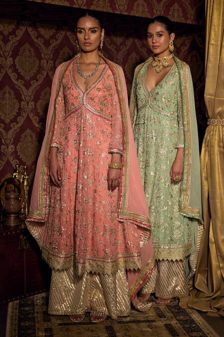 Mustard Moon By Neyha And Vrinda_Pink Georgette, Chanderi Embroidery, Lace V-neck Floral Anarkali Set _Online_at_Aza_Fashions