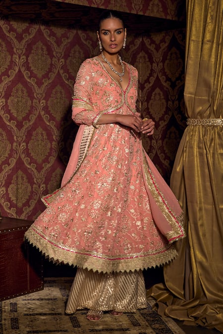 Buy_Mustard Moon By Neyha And Vrinda_Pink Georgette, Chanderi Embroidery, Lace V-neck Floral Anarkali Set _Online_at_Aza_Fashions