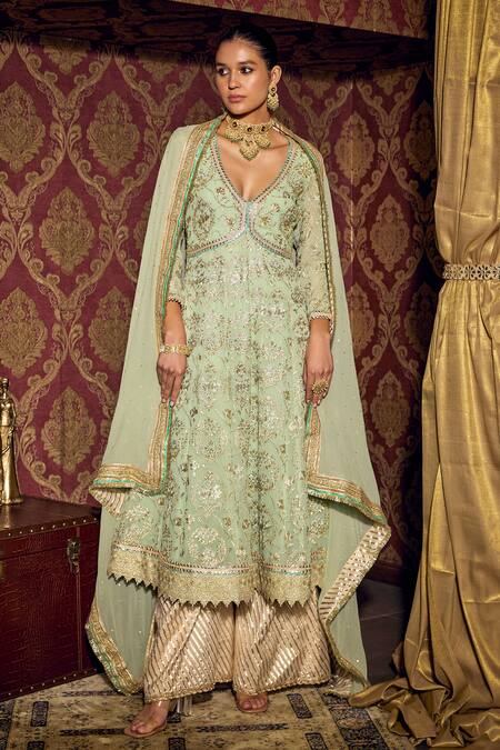 Mustard Moon By Neyha And Vrinda Green Georgette, Chanderi Embroidery, Sequins Floral Anarkali Palazzo Set Online at Aza Fashions Mustard Moon By Neyha And Vrinda_Green Georgette, Chanderi Embroidery, Sequins Floral Anarkali Palazzo Set_Online_at_Aza_Fashions