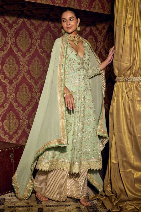 Buy Mustard Moon By Neyha And Vrinda Green Georgette, Chanderi Embroidery, Sequins Floral Anarkali Palazzo Set Online at Aza Fashions Buy_Mustard Moon By Neyha And Vrinda_Green Georgette, Chanderi Embroidery, Sequins Floral Anarkali Palazzo Set_Online_at_Aza_Fashions