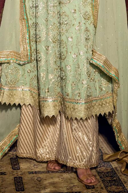 Shop Mustard Moon By Neyha And Vrinda Green Georgette, Chanderi Embroidery, Sequins Floral Anarkali Palazzo Set Online at Aza Fashions Shop_Mustard Moon By Neyha And Vrinda_Green Georgette, Chanderi Embroidery, Sequins Floral Anarkali Palazzo Set_Online_at_Aza_Fashions