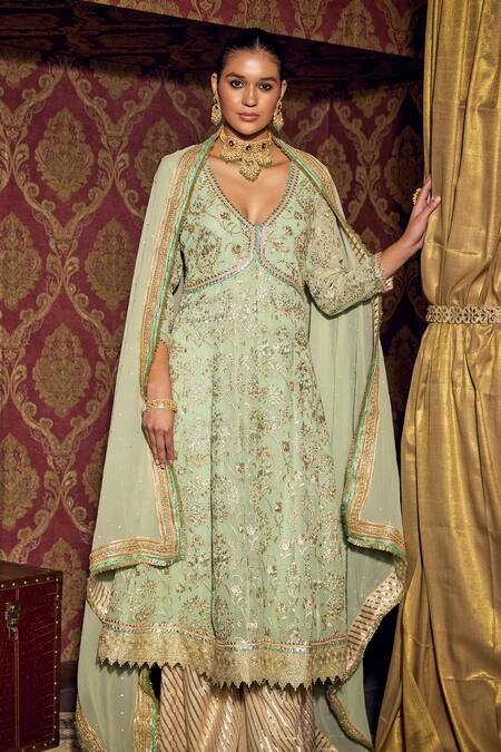 Mustard Moon By Neyha And Vrinda Green Georgette, Chanderi Embroidery, Sequins Floral Anarkali Palazzo Set at Aza Fashions Mustard Moon By Neyha And Vrinda_Green Georgette, Chanderi Embroidery, Sequins Floral Anarkali Palazzo Set_at_Aza_Fashions