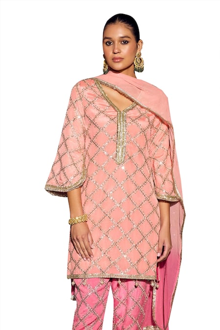 Buy_Mustard Moon By Neyha And Vrinda_Pink Georgette Embroidery, Fringe Keyhole Neck Checkered Kurta Pant Set _Online_at_Aza_Fashions