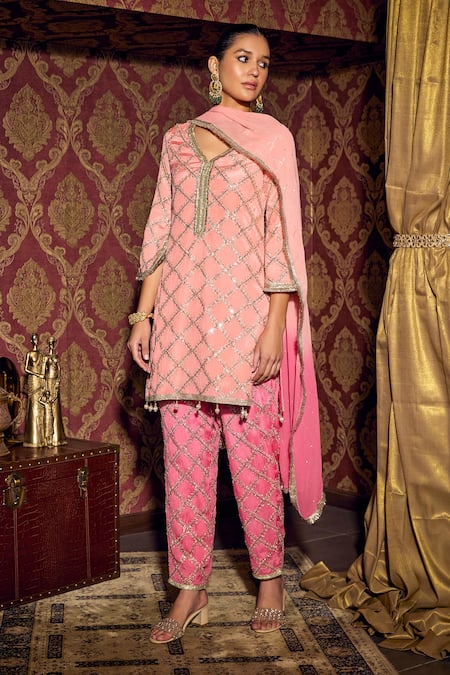 Shop_Mustard Moon By Neyha And Vrinda_Pink Georgette Embroidery, Fringe Keyhole Neck Checkered Kurta Pant Set _Online_at_Aza_Fashions