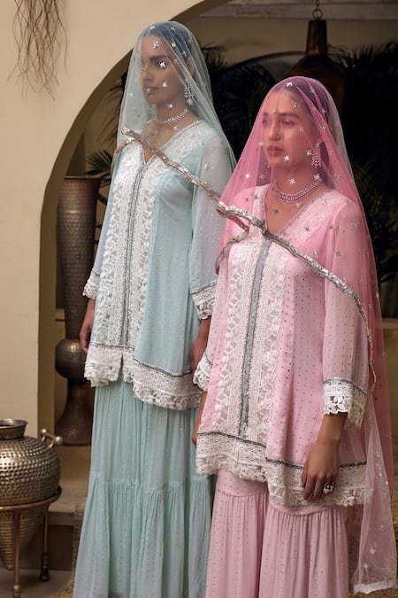 Mustard Moon By Neyha And Vrinda_Blue Georgette, Net Embroidery, Lace, Sprinkled Mukaish Work Tunic Sharara Set _Online_at_Aza_Fashions