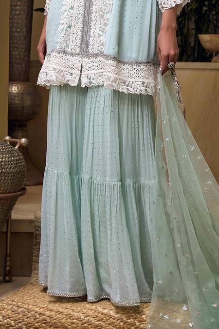 Buy_Mustard Moon By Neyha And Vrinda_Blue Georgette, Net Embroidery, Lace, Sprinkled Mukaish Work Tunic Sharara Set _Online_at_Aza_Fashions