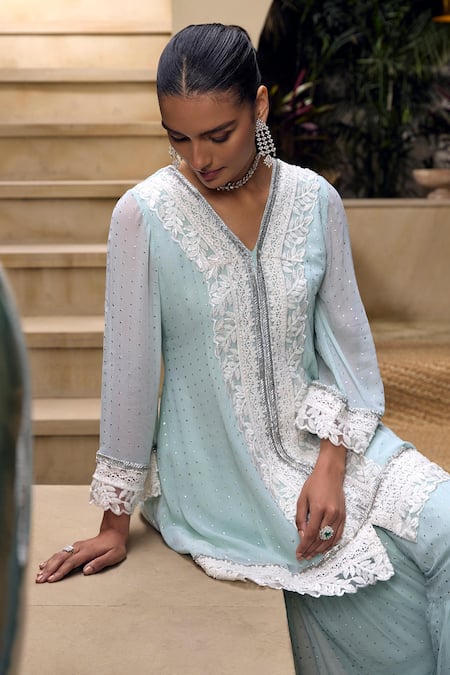 Shop_Mustard Moon By Neyha And Vrinda_Blue Georgette, Net Embroidery, Lace, Sprinkled Mukaish Work Tunic Sharara Set _Online_at_Aza_Fashions