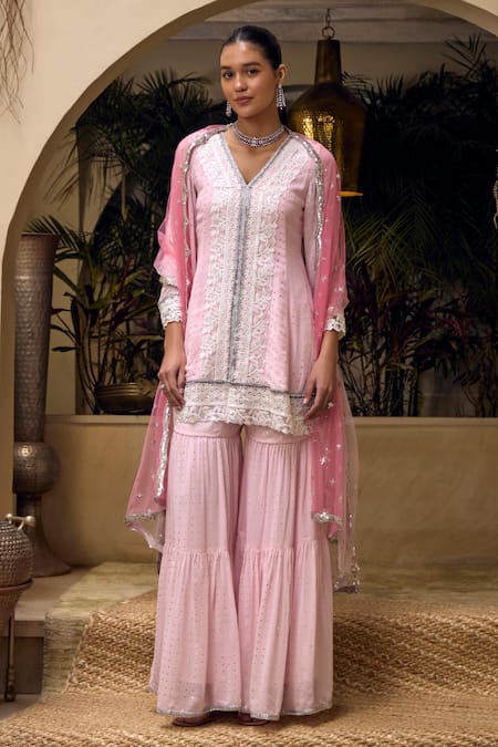 Mustard Moon by Neyha and Vrinda Pink Dupatta Net Embroidered Lace V Neck Mukaish Work Tunic Sharara Set 