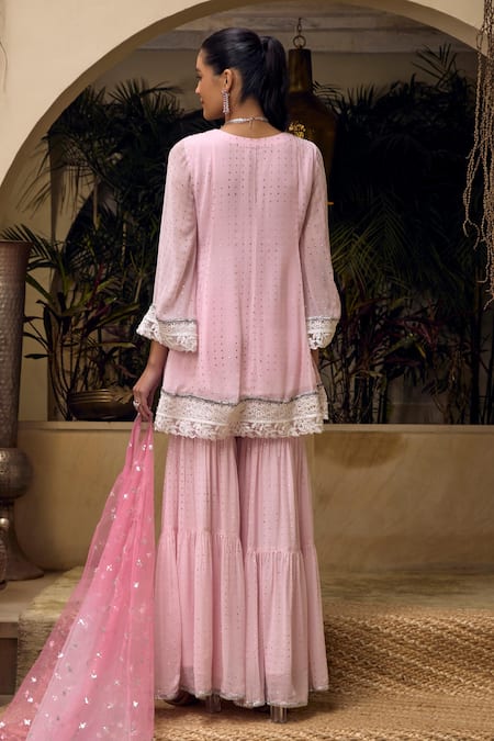 Shop_Mustard Moon By Neyha And Vrinda_Pink Georgette, Net Lace, Beads, Mirrors V-neck Mukaish Work Tunic Sharara Set _at_Aza_Fashions