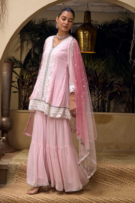 Mustard Moon By Neyha And Vrinda_Pink Georgette, Net Lace, Beads, Mirrors V-neck Mukaish Work Tunic Sharara Set _Online_at_Aza_Fashions