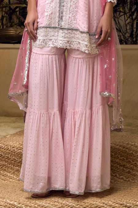 Buy_Mustard Moon By Neyha And Vrinda_Pink Georgette, Net Lace, Beads, Mirrors V-neck Mukaish Work Tunic Sharara Set _Online_at_Aza_Fashions