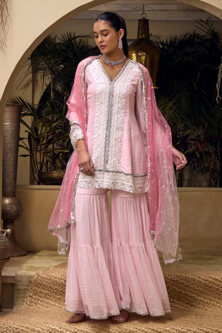 Shop_Mustard Moon By Neyha And Vrinda_Pink Georgette, Net Lace, Beads, Mirrors V-neck Mukaish Work Tunic Sharara Set _Online_at_Aza_Fashions