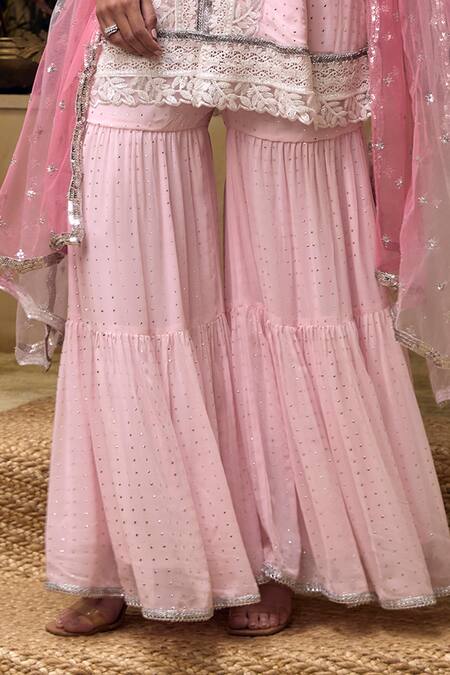 Mustard Moon By Neyha And Vrinda_Pink Georgette, Net Lace, Beads, Mirrors V-neck Mukaish Work Tunic Sharara Set _at_Aza_Fashions