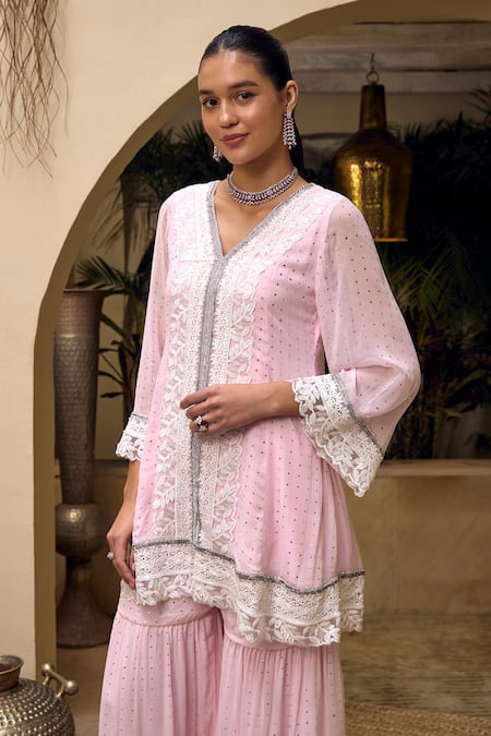 Buy_Mustard Moon By Neyha And Vrinda_Pink Georgette, Net Lace, Beads, Mirrors V-neck Mukaish Work Tunic Sharara Set 