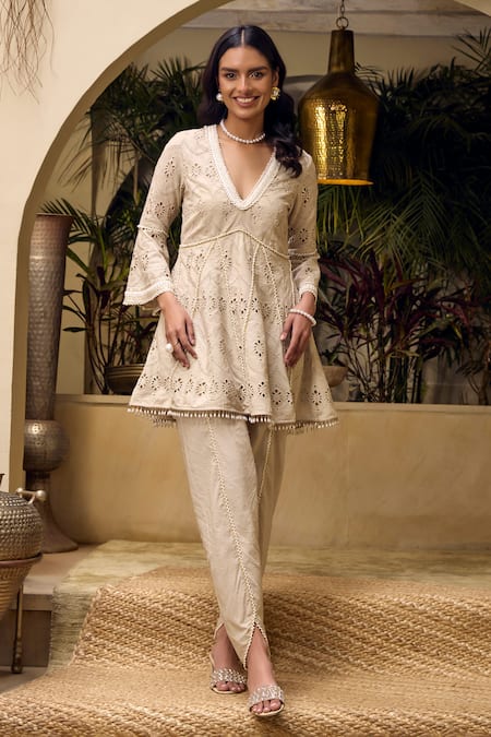 Mustard Moon by Neyha and Vrinda Beige Cotton Embroidered Pearl V Broderie Anglais Lace Work Tunic And Pant Set 