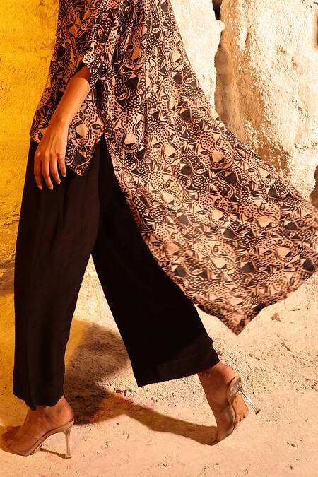 Meher By Islie Black Cotton, Silk, Crepe Collared Contra Bobcat Print Shirt And Pant Set Online at Aza Fashions Meher By Islie_Black Cotton, Silk, Crepe Collared Contra Bobcat Print Shirt And Pant Set _Online_at_Aza_Fashions