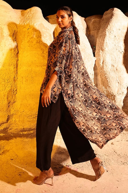 Shop Meher By Islie Black Cotton, Silk, Crepe Collared Contra Bobcat Print Shirt And Pant Set at Aza Fashions Shop_Meher By Islie_Black Cotton, Silk, Crepe Collared Contra Bobcat Print Shirt And Pant Set _at_Aza_Fashions