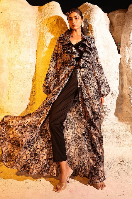 Meher By Islie Black Lycra, Silk Round Neck Contra Bobcat Print Jacket Pant Set Online at Aza Fashions Meher By Islie_Black Lycra, Silk Round Neck Contra Bobcat Print Jacket Pant Set _Online_at_Aza_Fashions