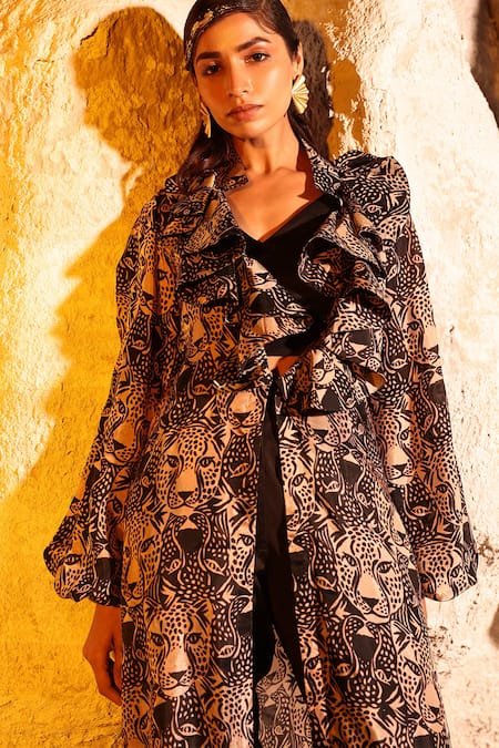 Buy Meher By Islie Black Lycra, Silk Round Neck Contra Bobcat Print Jacket Pant Set Online at Aza Fashions Buy_Meher By Islie_Black Lycra, Silk Round Neck Contra Bobcat Print Jacket Pant Set _Online_at_Aza_Fashions