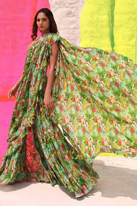 Meher By Islie Green Kota Doria, Silk, Crepe Farm Rio Printed Draped Sharara Saree With Blouse Online at Aza Fashions Meher By Islie_Green Kota Doria, Silk, Crepe Farm Rio Printed Draped Sharara Saree With Blouse _Online_at_Aza_Fashions