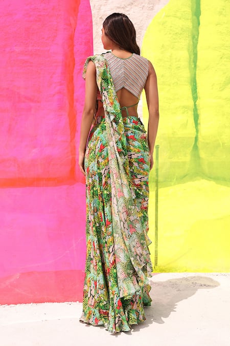 Meher By Islie Farm Rio Printed Draped Sharara Saree With Blouse 