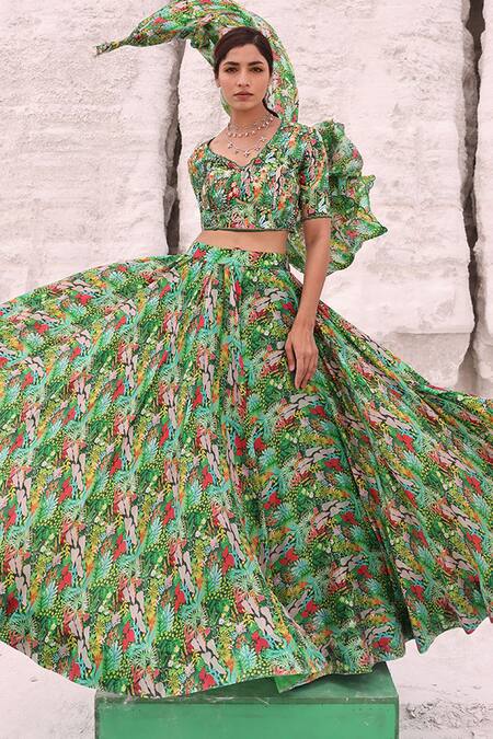 Buy Meher By Islie Green Silk Embroidery Scoop Neck Farm Rio Print Skirt Set Online at Aza Fashions Buy_Meher By Islie_Green Silk Embroidery Scoop Neck Farm Rio Print Skirt Set _Online_at_Aza_Fashions