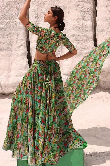 Shop Meher By Islie Green Silk Embroidery Scoop Neck Farm Rio Print Skirt Set at Aza Fashions Shop_Meher By Islie_Green Silk Embroidery Scoop Neck Farm Rio Print Skirt Set _at_Aza_Fashions