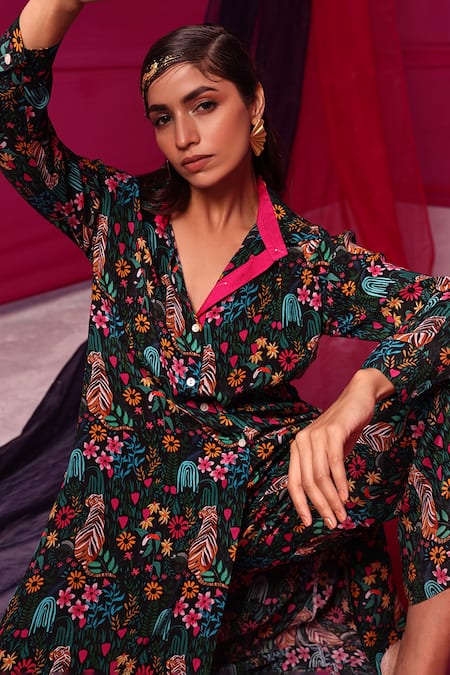 Buy_Meher By Islie_Black Crepe Collared Jungle Safari Print Shirt Tunic And Pant Set _Online_at_Aza_Fashions