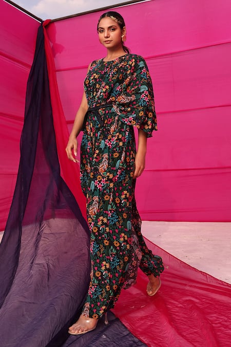 Meher By Islie Black Crepe Cut Work, Embroidery Round Neck Jungle Safari Print Jumpsuit Online at Aza Fashions Meher By Islie_Black Crepe Cut Work, Embroidery Round Neck Jungle Safari Print Jumpsuit _Online_at_Aza_Fashions