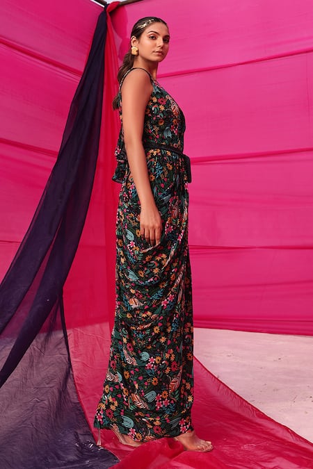 Buy Meher By Islie Black Crepe Cut Work, Embroidery Round Neck Jungle Safari Print Jumpsuit Online at Aza Fashions Buy_Meher By Islie_Black Crepe Cut Work, Embroidery Round Neck Jungle Safari Print Jumpsuit _Online_at_Aza_Fashions