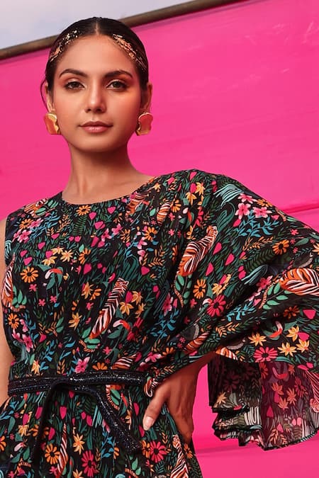 Shop Meher By Islie Black Crepe Cut Work, Embroidery Round Neck Jungle Safari Print Jumpsuit Online at Aza Fashions Shop_Meher By Islie_Black Crepe Cut Work, Embroidery Round Neck Jungle Safari Print Jumpsuit _Online_at_Aza_Fashions