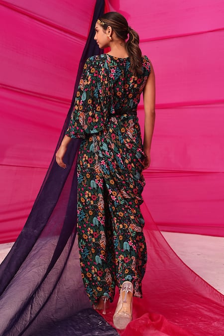 Shop Meher By Islie Black Crepe Cut Work, Embroidery Round Neck Jungle Safari Print Jumpsuit at Aza Fashions Shop_Meher By Islie_Black Crepe Cut Work, Embroidery Round Neck Jungle Safari Print Jumpsuit _at_Aza_Fashions