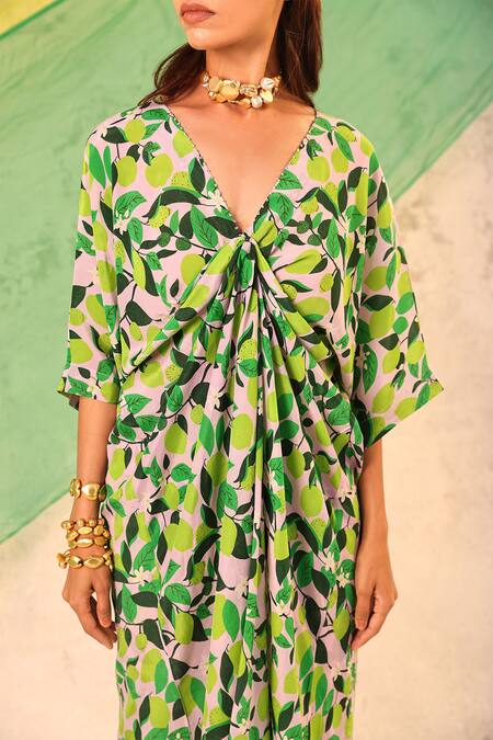 Meher By Islie Green Crepe V-neck Lemon Zest Print Kaftan And Pant Set Online at Aza Fashions Meher By Islie_Green Crepe V-neck Lemon Zest Print Kaftan And Pant Set _Online_at_Aza_Fashions