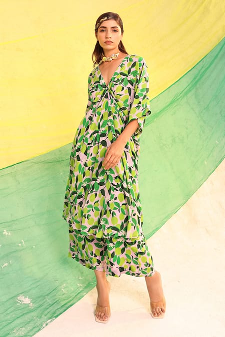 Shop Meher By Islie Green Crepe V-neck Lemon Zest Print Kaftan And Pant Set at Aza Fashions Shop_Meher By Islie_Green Crepe V-neck Lemon Zest Print Kaftan And Pant Set _at_Aza_Fashions