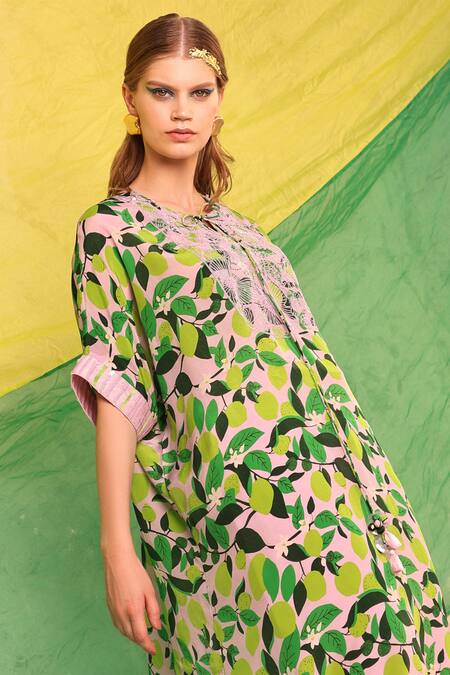 Meher By Islie Green Crepe, Silk Tassels, Embroidery Keyhole Lemon Zest Print Kurta And Pant Set Online at Aza Fashions Meher By Islie_Green Crepe, Silk Tassels, Embroidery Keyhole Lemon Zest Print Kurta And Pant Set _Online_at_Aza_Fashions