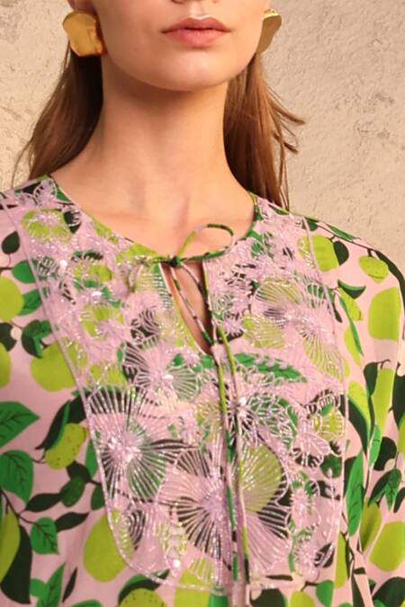 Buy Meher By Islie Green Crepe, Silk Tassels, Embroidery Keyhole Lemon Zest Print Kurta And Pant Set Online at Aza Fashions Buy_Meher By Islie_Green Crepe, Silk Tassels, Embroidery Keyhole Lemon Zest Print Kurta And Pant Set _Online_at_Aza_Fashions