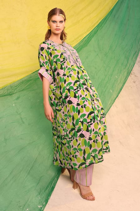 Shop Meher By Islie Green Crepe, Silk Tassels, Embroidery Keyhole Lemon Zest Print Kurta And Pant Set at Aza Fashions Shop_Meher By Islie_Green Crepe, Silk Tassels, Embroidery Keyhole Lemon Zest Print Kurta And Pant Set _at_Aza_Fashions