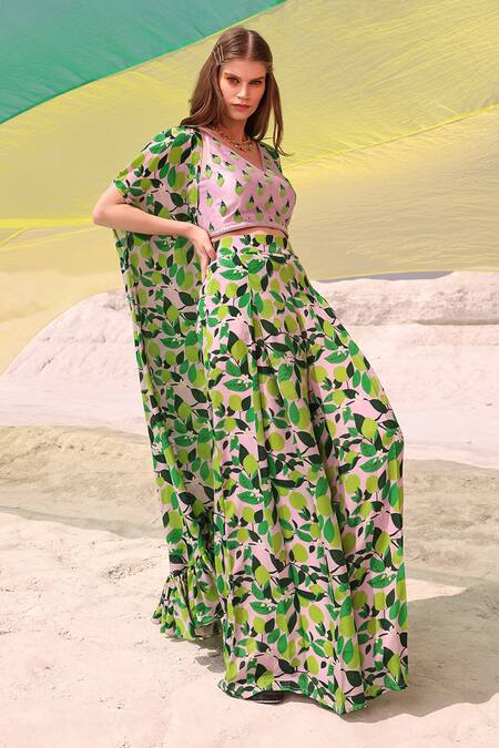 Buy Meher By Islie Green Organza, Kota Doria Embroidery V-neck Lemon Zest Print Cape Palazzo Set Online at Aza Fashions Buy_Meher By Islie_Green Organza, Kota Doria Embroidery V-neck Lemon Zest Print Cape Palazzo Set _Online_at_Aza_Fashions
