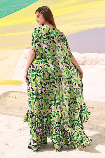 Shop Meher By Islie Green Organza, Kota Doria Embroidery V-neck Lemon Zest Print Cape Palazzo Set at Aza Fashions Shop_Meher By Islie_Green Organza, Kota Doria Embroidery V-neck Lemon Zest Print Cape Palazzo Set _at_Aza_Fashions